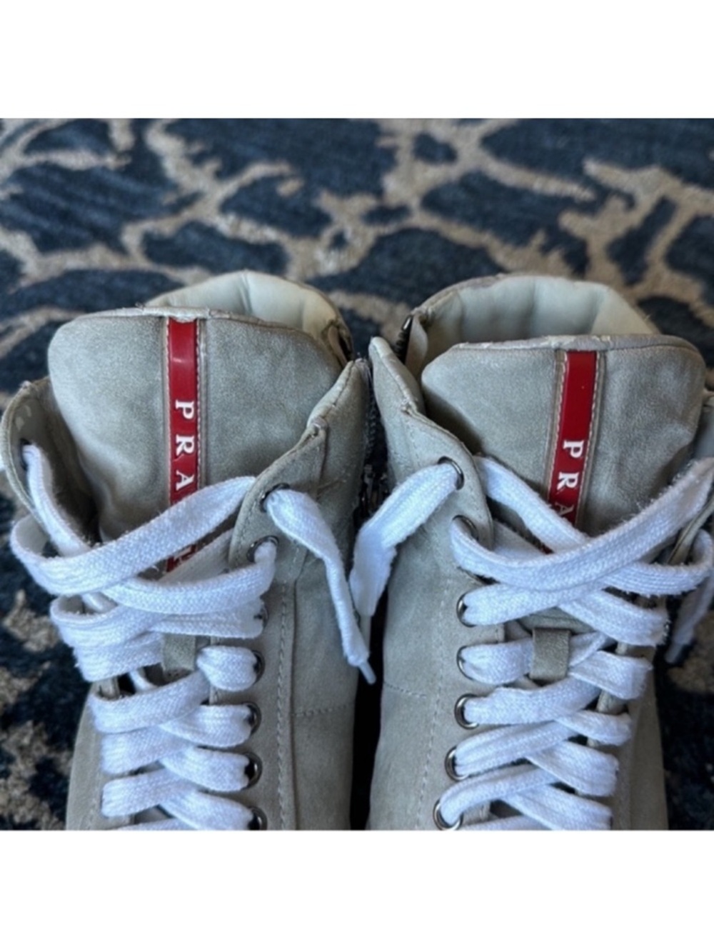 Prada Suede Leather High Top Sneakers Sz 6/36.5 Gray Logo Lace up Side Zipper - Picture 4 of 15